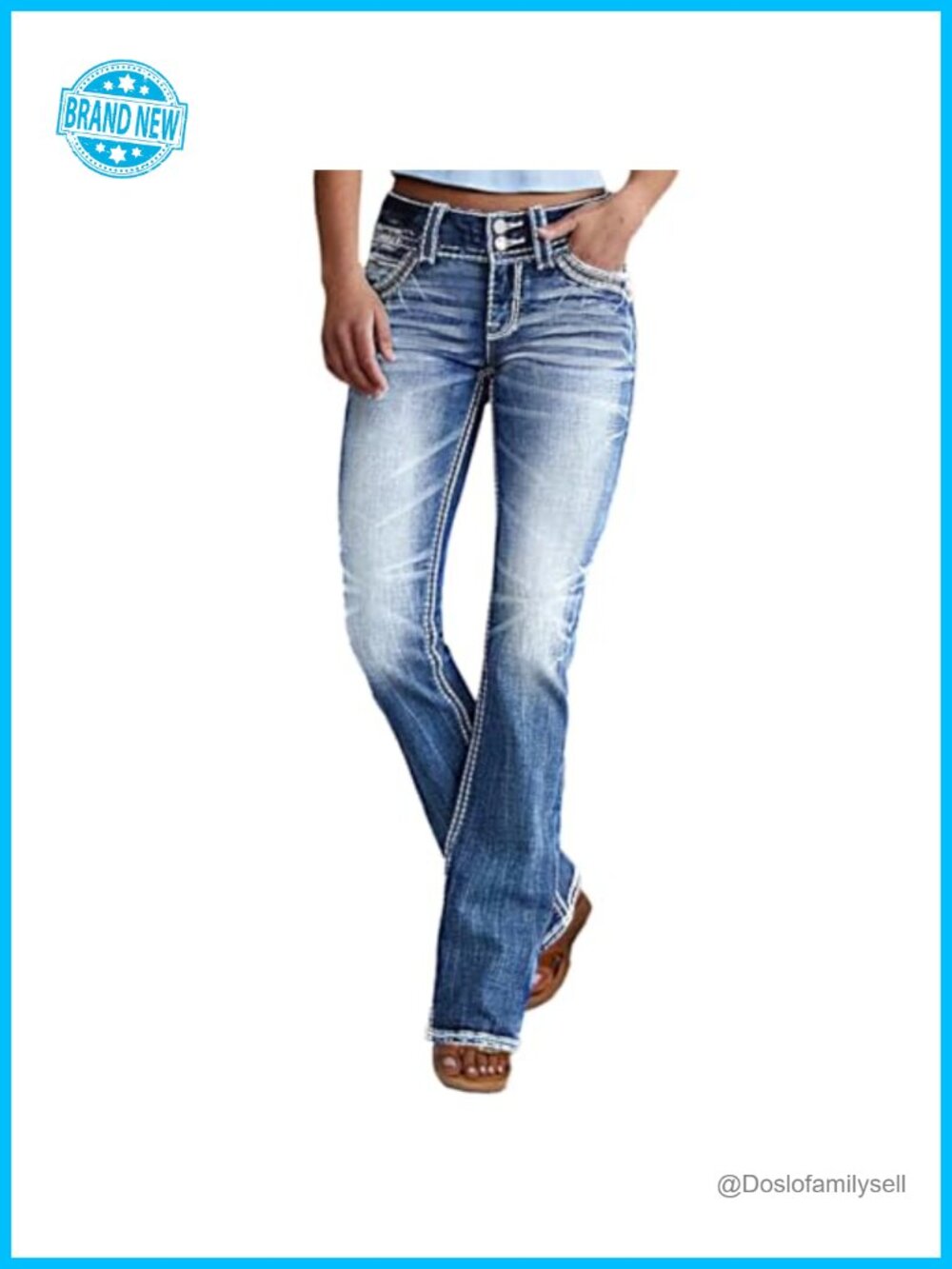 Women's Mid Rise Bootcut Jeans Stretchy Slim Fit Double Button Flare Pants